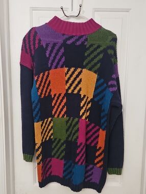 Vtg 80s 90s Allpoints Colorblock Mockneck Long Sweater or Mini Dress Sz Med